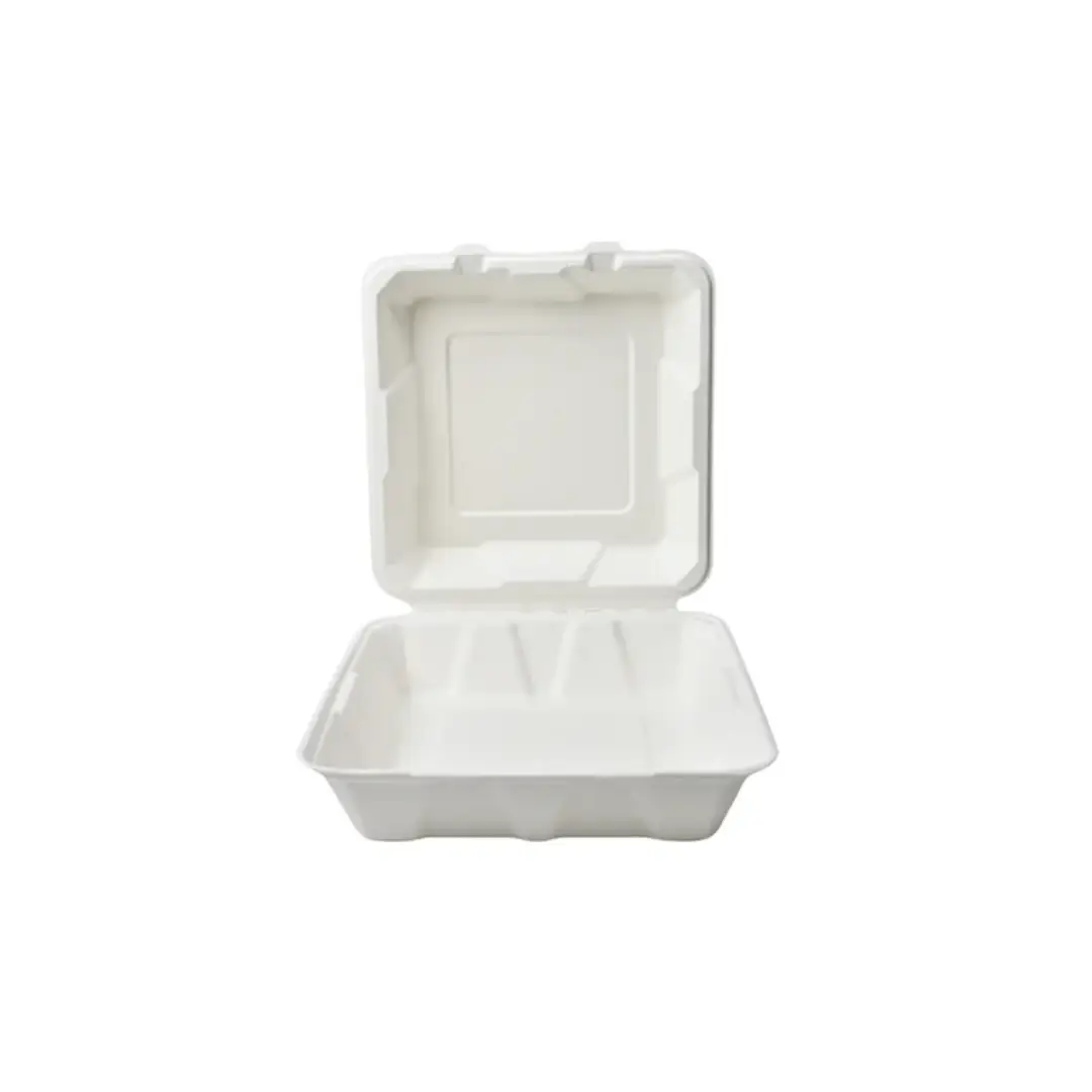 Untitled design (54) Amatraa 9″ × 9″ Bagasse Clamshell Box (50 pc) - Image 1